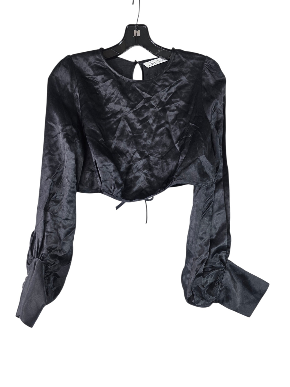 Zara Black Satin Cropped Slit back and tie cropped long sleeves Blouse